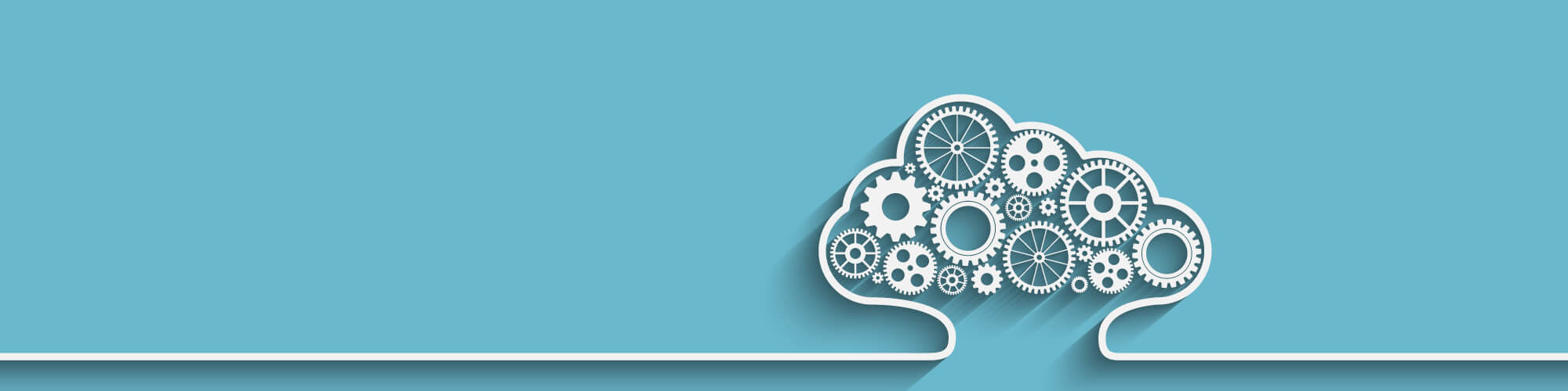 A white cloud outline with gears on an aqua/turquoise background, banner at the top of InnoScale Hosting's Cloud page