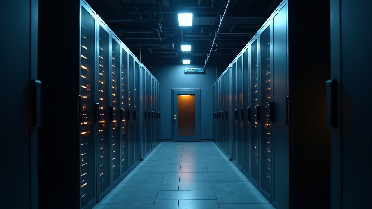 An on-premise server room at night, the compute staying inside the building
